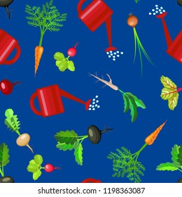Cartoon Colorful Fresh Organic Food Vegetable Bed Seamless Pattern Background Concept Flat Design. Vector illustration of Natural Agriculture Farm