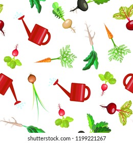 Cartoon Colorful Fresh Organic Food Vegetable Bed Seamless Pattern Background on a White Concept Flat Design. Vector illustration of Natural Agriculture Farm