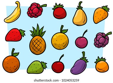 Cartoon colorful fruits and vegetables on blue background. Vector icon set.