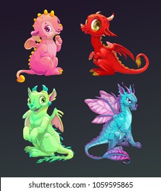 Cartoon colorful funny dragons set. Vector icons on dark background.