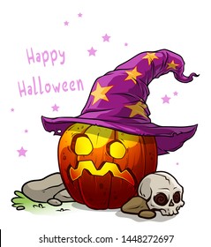 Cartoon colorful funny halloween sad pumpkin with witch hat, skull and fire inside. On white background. Vector icon.