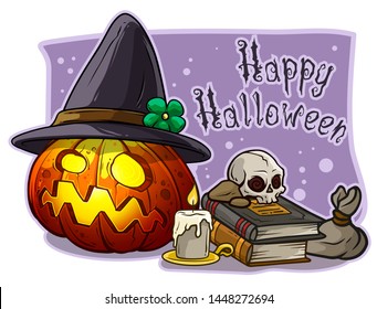 Cartoon colorful funny halloween scary pumpkin with witch hat, skull, candle and fire inside. On violet background. Vector icon.