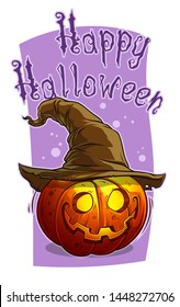 Cartoon colorful funny halloween smiling pumpkin with witch hat and fire inside. On violet background. Vector icon.