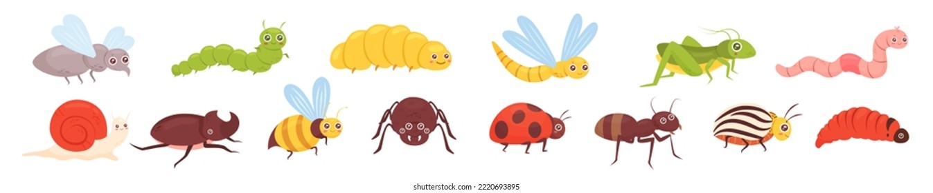 Cartoon colorful funny insect characters isolated on white. Cute insects vector illustration panorama set.