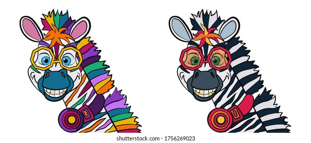 Cartoon colorful funny zebra in headphone and sunglasses. Vector flat illustration