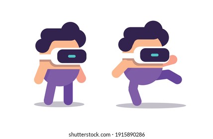 Cartoon colorful game character with virtual reality glasses. Man in motion. Flat vector simple illustration for animations, banners, videos and websites