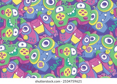 Cartoon colorful gamepad pattern. Monster gamepad print for kid textile, clothes, wrapping paper.