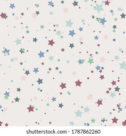 Cartoon colorful geo seamless pattern with chaotic stars and dots. Confetti wrapping paper. Messy geometric infinity background.  Vector illustration. 