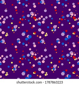 Cartoon colorful geo seamless pattern with chaotic hexagons. Confetti polygon wrapping paper. Messy geometric infinity background.  Vector illustration.   