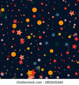 Dibujo de un patrón geo sin fisuras colorido con estrellas y puntos caóticos. Papel de envoltura de confetti. Fondo de infinito geométrico desordenado.  Ilustración vectorial.  