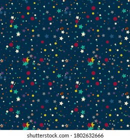 Cartoon colorful geo seamless pattern with chaotic stars and dots. Confetti wrapping paper. Messy geometric infinity background.  Vector illustration.  