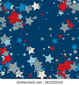 Cartoon colorful geo seamless pattern with chaotic stars. Confetti wrapping paper. Messy geometric infinity background. Vector illustration. 