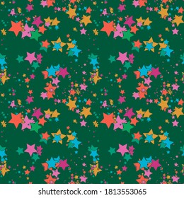 Cartoon colorful geo seamless pattern with chaotic stars. Confetti wrapping paper. Messy geometric infinity background. Vector illustration. 