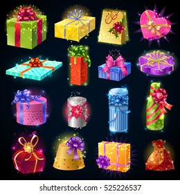 Cartoon colorful gift boxes icon set isolated and with magic sparkles and bows vector illustration