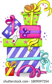 Cartoon colorful gifts. Vector illustration of many gifts with bows isolated on white.