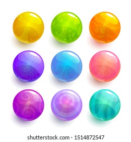 Cartoon colorful glossy balls set. Shiny decorative bubbles for GUI design. Bubble shot game assets. Vector round buttons. Isolated icons on white background.