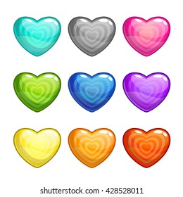 Cartoon colorful glossy hearts set, vector heart icon isolated on white, heart shape candy set for game design