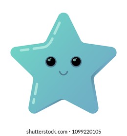 Cartoon colorful glossy star. Shiny blue icon. Vector illustration of starfish character.