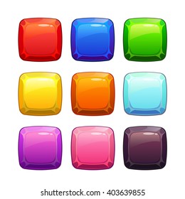 Cartoon colorful glossy stone square buttons set, isolated on white, vector assets for game design, GUI elements