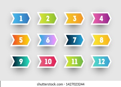 Cartoon colorful gradient arrow bullet point numbers 1 to 12 with shadows