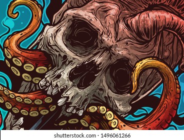 Cartoon colorful graphic detailed realistic human heart shaped skull with octopus tentacles. Close up poster. Tattoo outline. Vector icon.