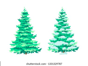 Cartoon colorful green spruce trees. Cute woody plants, eco aspen trees in summer and winter seasons. Ecology, pure nature, garden parklands landscape, new year wood. Vector illustration.