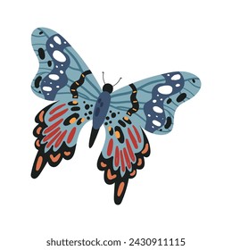 Cartoon colorful hand drawn butterfly flying vector illustration isolated