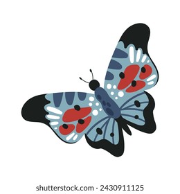 Cartoon colorful hand drawn butterfly flying vector illustration isolated