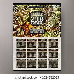 Cartoon colorful hand drawn doodles Mexican food 2018 year calendar template. English, Sunday start. Very detailed, with lots of objects illustration. Funny vector artwork.