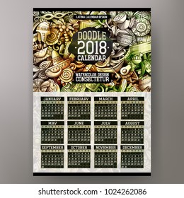 Cartoon colorful hand drawn doodles Latin America 2018 year calendar template. English, Sunday start. Very detailed, with lots of objects illustration. Funny vector artwork.