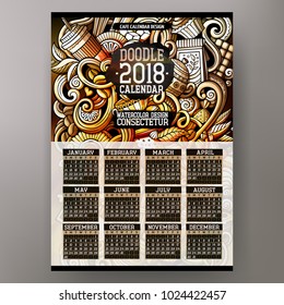 Cartoon colorful hand drawn doodles Cafe 2018 year calendar template. English, Sunday start. Very detailed, with lots of objects illustration. Funny vector artwork.