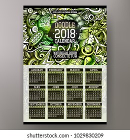 Cartoon colorful hand drawn doodles Electric cars 2018 year calendar template. English, Sunday start. Very detailed, with lots of objects illustration. Funny vector artwork.