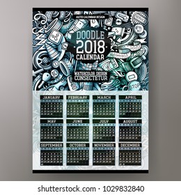 Cartoon colorful hand drawn doodles Auto 2018 year calendar template. English, Sunday start. Very detailed, with lots of objects illustration. Funny vector artwork.
