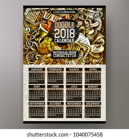 Cartoon colorful hand drawn doodles Classic music 2018 year calendar template. English, Sunday start. Very detailed, with lots of objects illustration. Funny vector artwork.