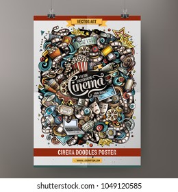 Cartoon colorful hand drawn doodles cinema poster template. Very detailed, with lots of objects illustration. Funny vector artwork. Corporate identity design.
