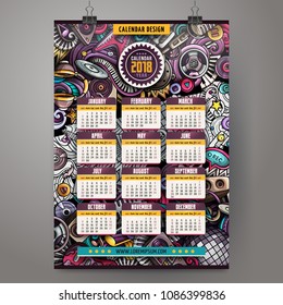 Cartoon colorful hand drawn doodles Disco music 2018 year calendar template. English, Sunday start. Very detailed, with lots of objects illustration. Funny vector artwork.