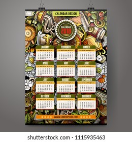 Cartoon colorful hand drawn doodles Tea time 2018 year calendar template. English, Sunday start. Very detailed, with lots of objects illustration. Funny vector artwork.