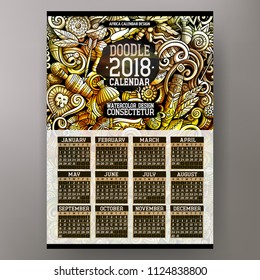 Cartoon colorful hand drawn doodles Africa 2018 year calendar template. English, Sunday start. Very detailed, with lots of objects illustration. Funny vector artwork.