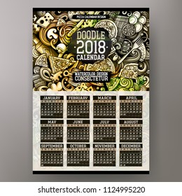 Cartoon colorful hand drawn doodles Pizza 2018 year calendar template. English, Sunday start. Very detailed, with lots of objects illustration. Funny vector artwork.