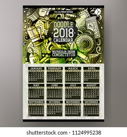 Cartoon colorful hand drawn doodles Tea 2018 year calendar template. English, Sunday start. Very detailed, with lots of objects illustration. Funny vector artwork.