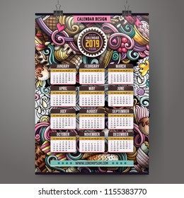 Cartoon colorful hand drawn doodles Ice-Cream 2019 year calendar template. English, Sunday start. Very detailed, with lots of objects illustration. Funny vector artwork.