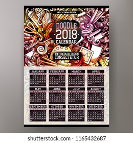 Cartoon colorful hand drawn doodles Artist 2018 year calendar template. English, Sunday start. Very detailed, with lots of objects illustration. Funny vector artwork.