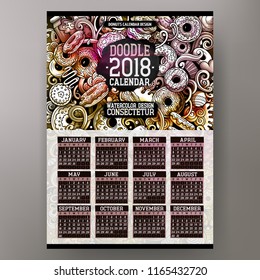 Cartoon colorful hand drawn doodles Donuts 2018 year calendar template. English, Sunday start. Very detailed, with lots of objects illustration. Funny vector artwork.