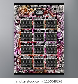 Cartoon colorful hand drawn doodles Donuts 2018 year calendar template. English, Sunday start. Very detailed, with lots of objects illustration. Funny vector artwork.