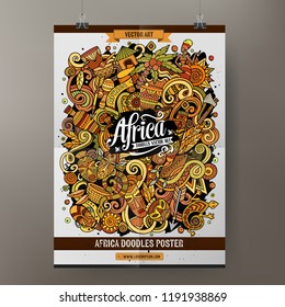 Cartoon colorful hand drawn doodles Africa poster template. Very detailed, with lots of objects illustration. Funny vector artwork. Corporate identity design.