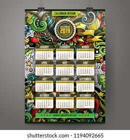 Cartoon colorful hand drawn doodles Christmas 2019 year calendar template. English, Sunday start. Very detailed, with lots of objects illustration. Funny vector artwork.