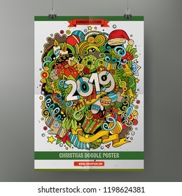Cartoon colorful hand drawn doodles 2019 Year poster template. Very detailed, with lots of objects illustration. Funny vector artwork. Corporate identity design