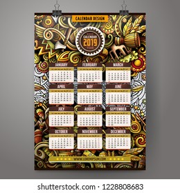 Cartoon colorful hand drawn doodles Africa 2019 year calendar template. English, Sunday start. Very detailed, with lots of objects illustration. Funny vector artwork.