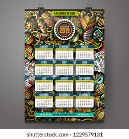 Cartoon colorful hand drawn doodles Latin America 2019 year calendar template. English, Sunday start. Very detailed, with lots of objects illustration. Funny vector artwork.
