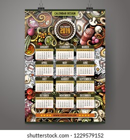 Cartoon colorful hand drawn doodles Slavic food 2019 year calendar template. English, Sunday start. Very detailed, with lots of objects illustration. Funny vector artwork.